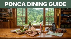 A takeaway meal and canoe gear sit on a deli counter beside the Buffalo River.