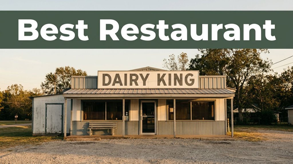 A vintage roadside diner beneath a dark green headline band.