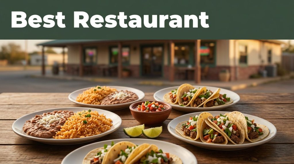 Mexican tacos, rice, beans, salsa, and lime on a rustic table outside a restaurant.