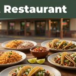 Mexican tacos, rice, beans, salsa, and lime on a rustic table outside a restaurant.