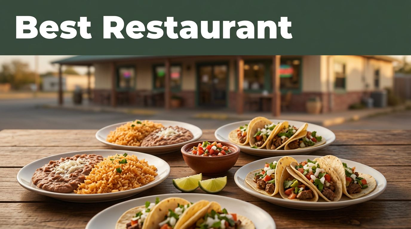 Mexican tacos, rice, beans, salsa, and lime on a rustic table outside a restaurant.