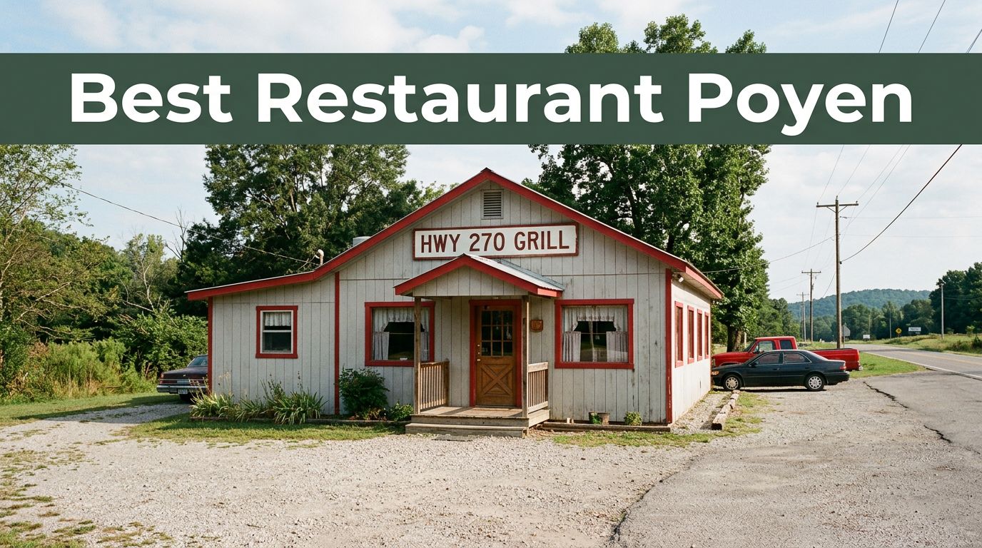 A rural diner with red-and-white accents and parked cars in warm morning light.