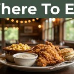 Plated Southern food sits on a wooden table with a farmhouse restaurant and leafy Ozark scenery behind it.