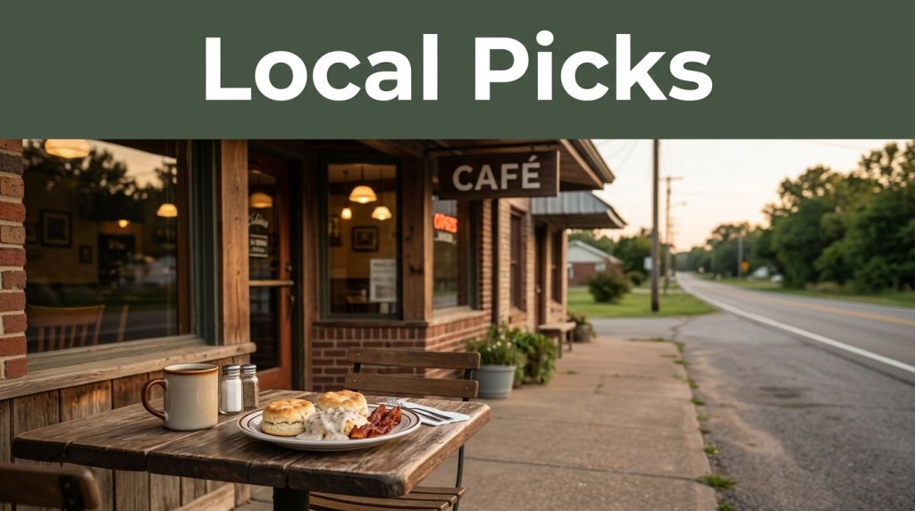 A small café with an outdoor table, coffee, comfort food, and a green Local Picks banner.