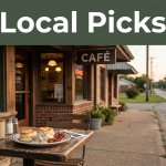 A small café with an outdoor table, coffee, comfort food, and a green Local Picks banner.
