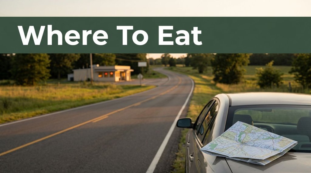 A rural highway leads toward a diner, with a folded map and parked car in front.