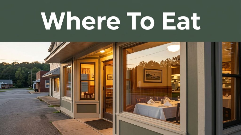 A country diner glows at sunset with a set table visible through the window.