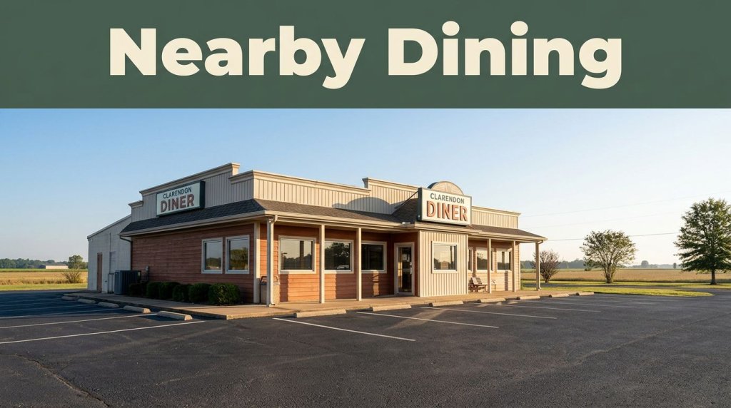 A small-town diner with a clean parking area, morning light, and Arkansas countryside beyond.