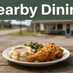 A comfort-food plate sits on a rustic table before a blurred rural diner scene.