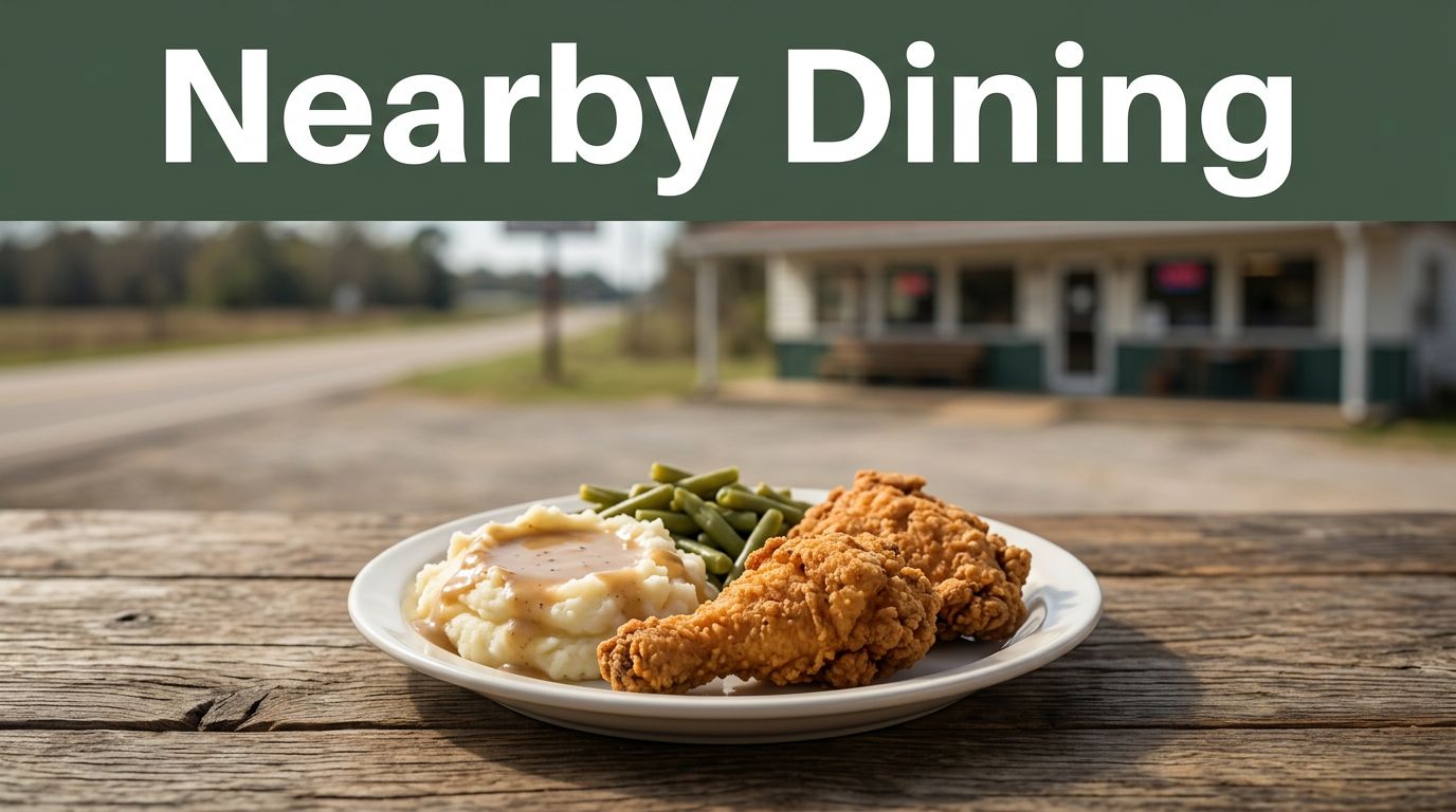 A comfort-food plate sits on a rustic table before a blurred rural diner scene.