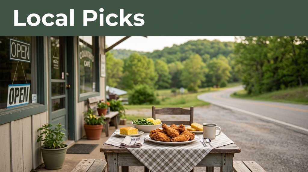 Outdoor café table with fried chicken, vegetables, and coffee in rural Arkansas.