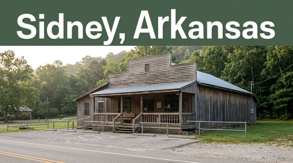 A rural Arkansas general store with a porch, parking area, and wooded hills.