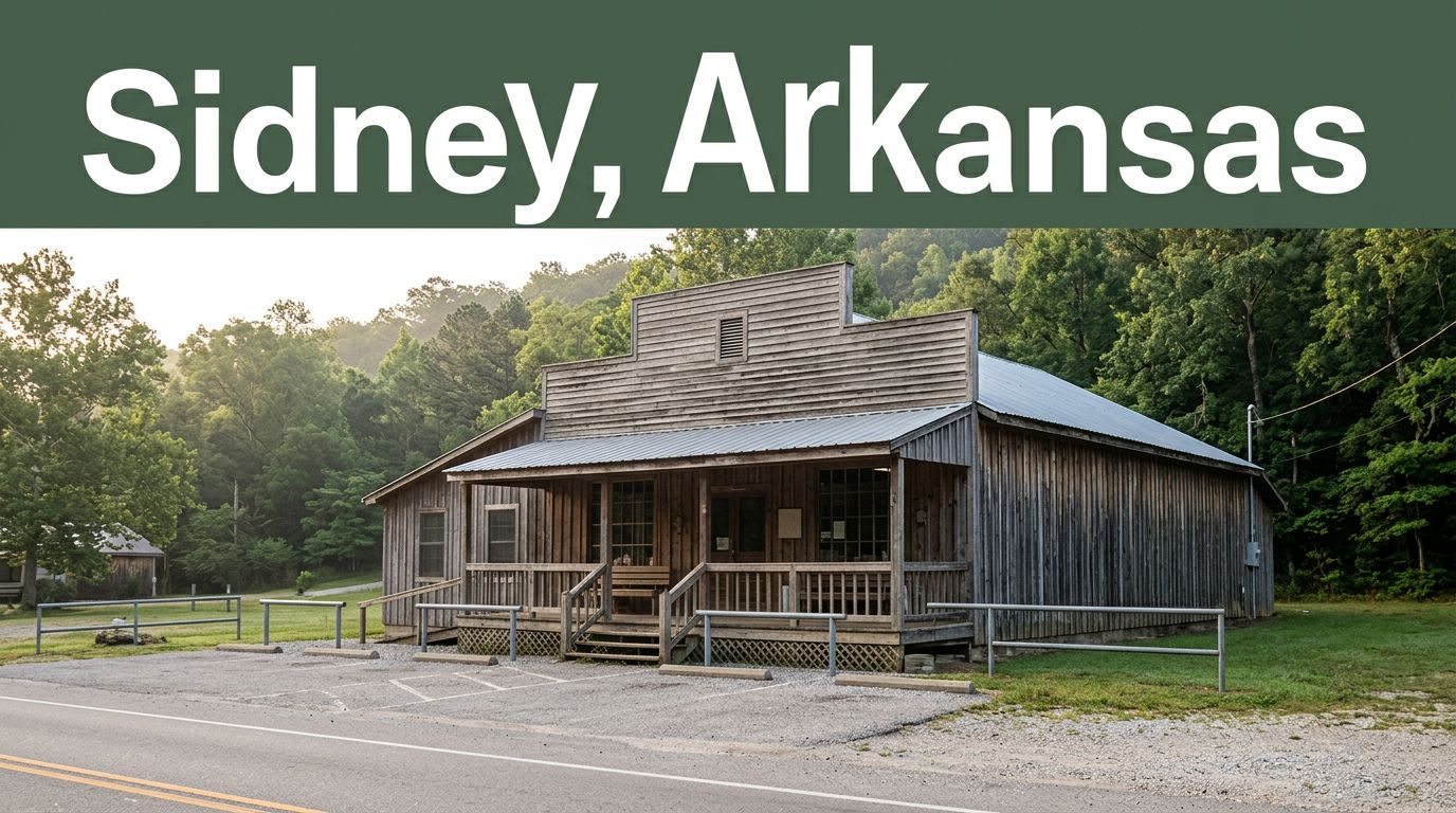 A rural Arkansas general store with a porch, parking area, and wooded hills.