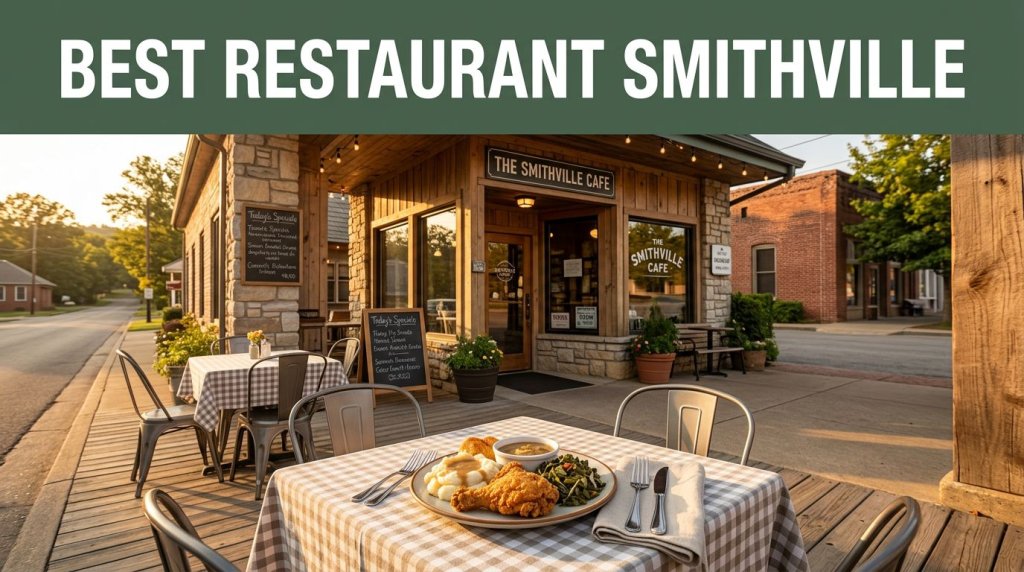A rural restaurant with an outdoor table and plated meal at golden hour.
