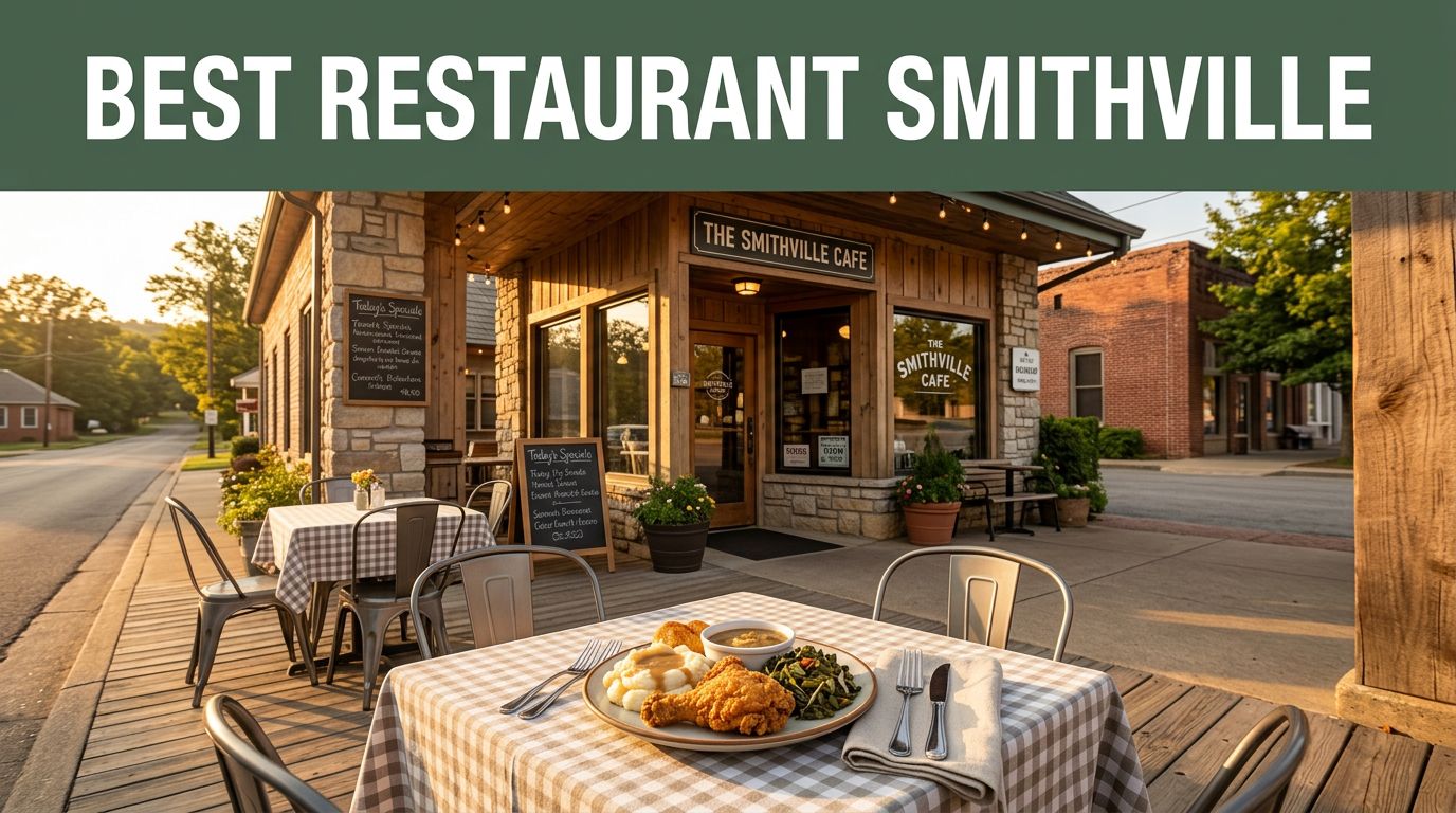 A rural restaurant with an outdoor table and plated meal at golden hour.