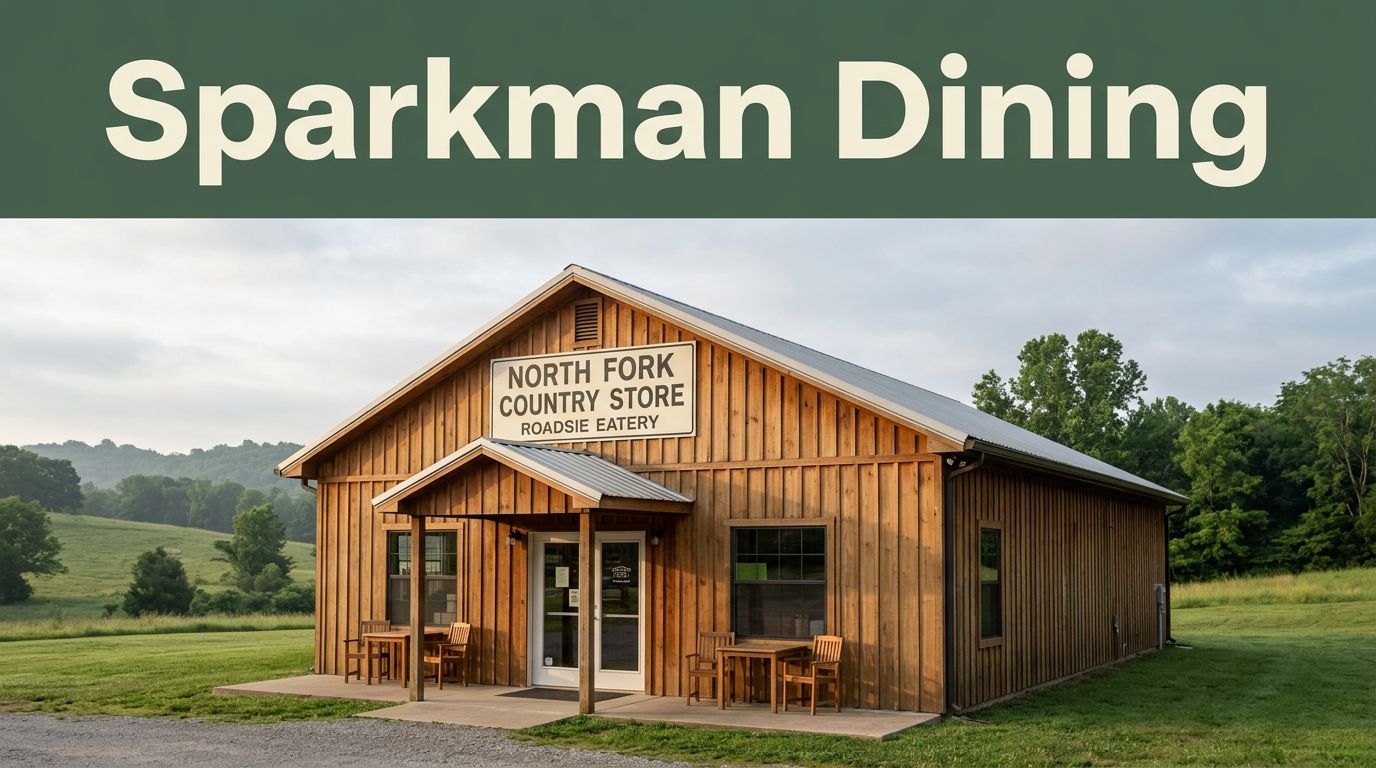 A rustic country store and eatery sits beside green countryside under a Sparkman Dining banner.