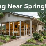 A welcoming restaurant exterior with warm windows, greenery, and a green “Dining Near Springtown” banner.