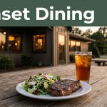 Grilled steak, salad, and iced tea outside a warmly lit Arkansas steakhouse at sunset.