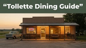 A warmly lit diner with an OPEN sign, parked pickups, and a green guide banner at sunset.