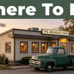 A cozy Arkansas diner with a vintage pickup parked outside at sunset.