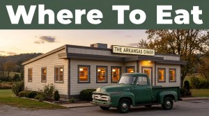 A cozy Arkansas diner with a vintage pickup parked outside at sunset.