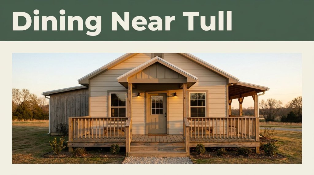 Warmly lit Arkansas restaurant with a porch beneath a green Dining Near Tull header.