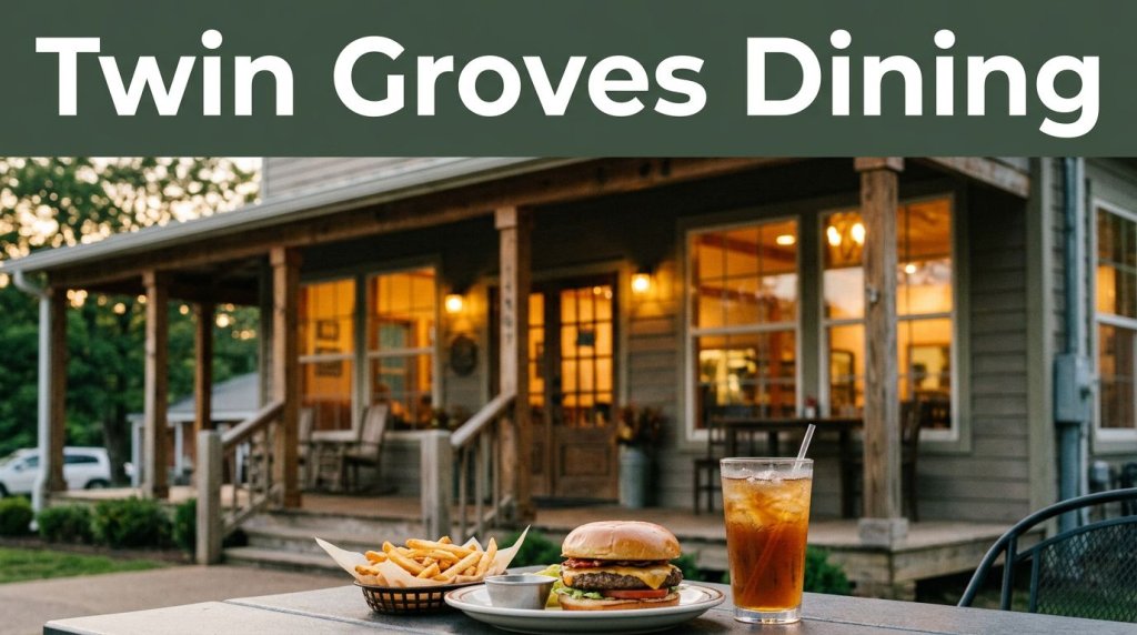 A rustic restaurant with a burger, fries, and iced tea on a table outside.