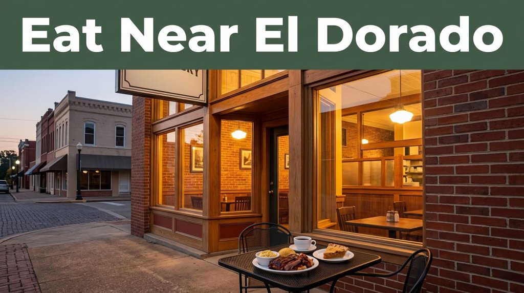 A Southern restaurant storefront with glowing windows and an outdoor table of coffee, barbecue, and pie.
