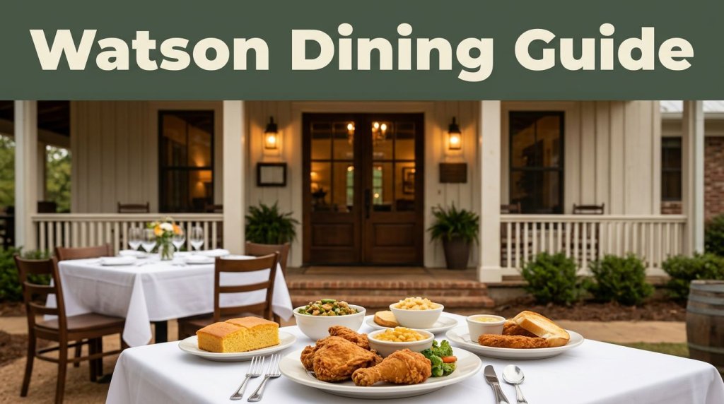 Rustic Arkansas restaurant entrance with a set outdoor table and Southern meal beneath a green guide banner.
