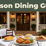 Rustic Arkansas restaurant entrance with a set outdoor table and Southern meal beneath a green guide banner.