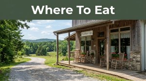 Charming Arkansas café beside a winding road with warm windows.