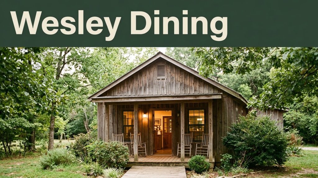 Rustic café with warm windows, a porch, and a welcoming entrance in leafy countryside.