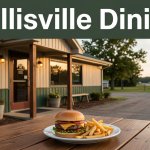 A rural diner with a burger and fries on a patio table at sunset.