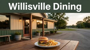 A rural diner with a burger and fries on a patio table at sunset.