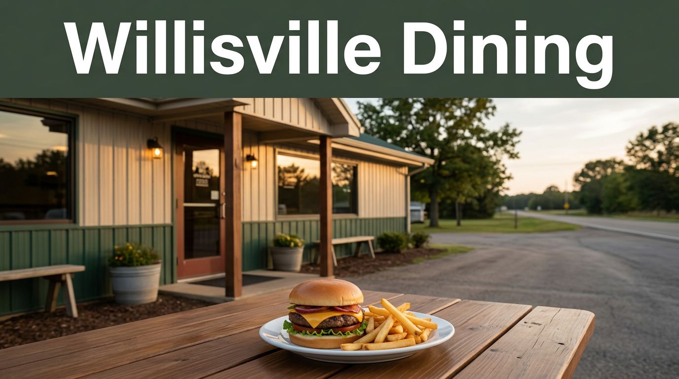 A rural diner with a burger and fries on a patio table at sunset.