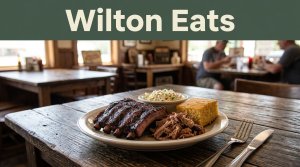 Barbecue ribs, pulled pork, cornbread, and coleslaw on a wooden table.