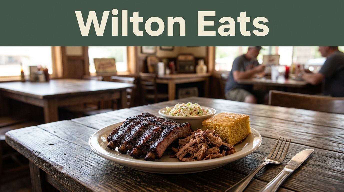 Barbecue ribs, pulled pork, cornbread, and coleslaw on a wooden table.