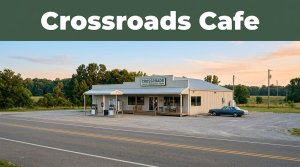 Crossroads Cafe sits beside a quiet rural highway in warm morning light.