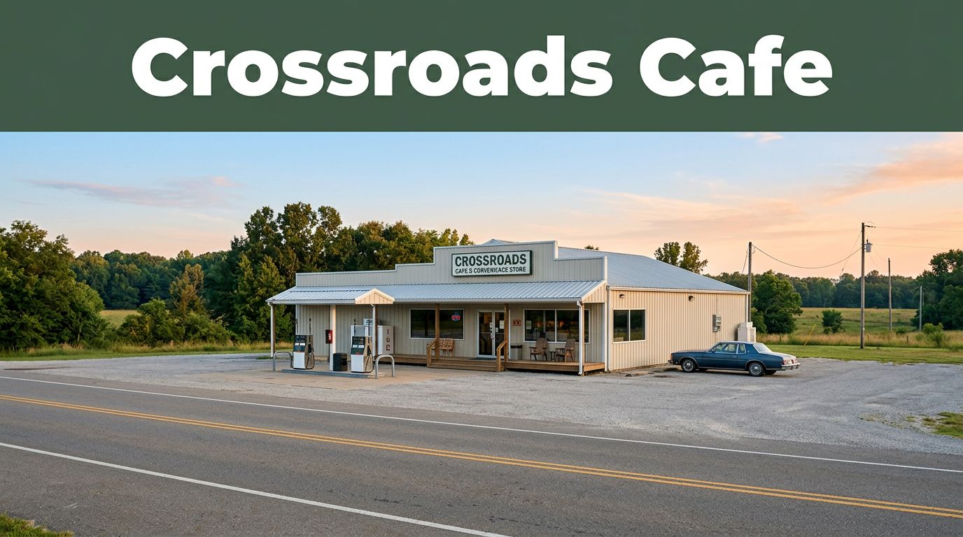 Crossroads Cafe sits beside a quiet rural highway in warm morning light.