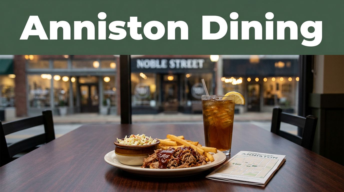 Barbecue, fries, iced tea, and a folded map sit on a downtown Anniston restaurant table.
