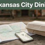 A map, smartphone, and takeout container on a café table beneath a dining headline.