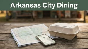 A map, smartphone, and takeout container on a café table beneath a dining headline.