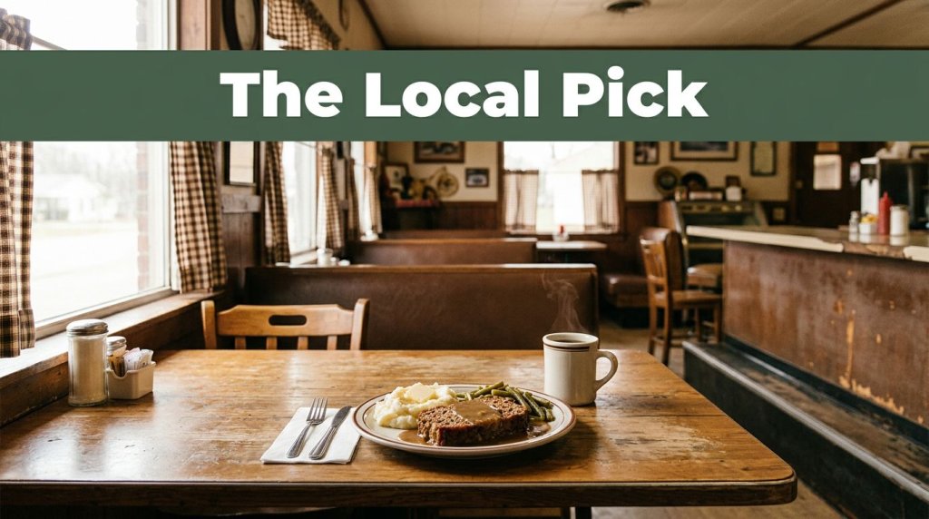 Comfort food and coffee on a wooden table in a warmly lit Arkansas diner.