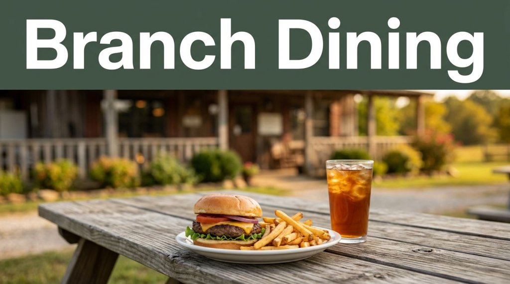 Burger, fries, and iced tea on a picnic table outside a rustic Arkansas grill.