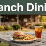 Burger, fries, and iced tea on a picnic table outside a rustic Arkansas grill.