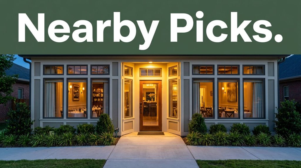 A warmly lit Fayetteville restaurant exterior with glowing windows, greenery, and a Nearby Picks headline.