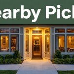 A warmly lit Fayetteville restaurant exterior with glowing windows, greenery, and a Nearby Picks headline.