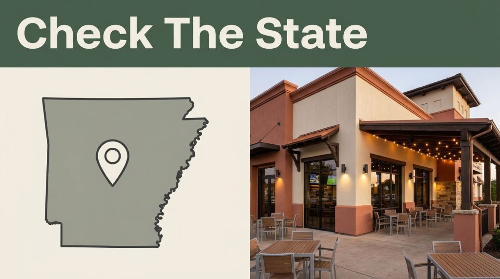 Split graphic showing an Arkansas map beside a warmly lit Texas restaurant.