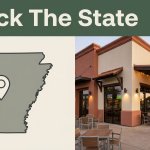 Split graphic showing an Arkansas map beside a warmly lit Texas restaurant.