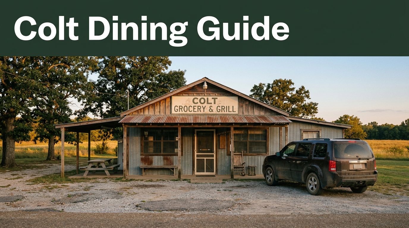A rural Arkansas grill with a picnic table and parked vehicle at sunset.